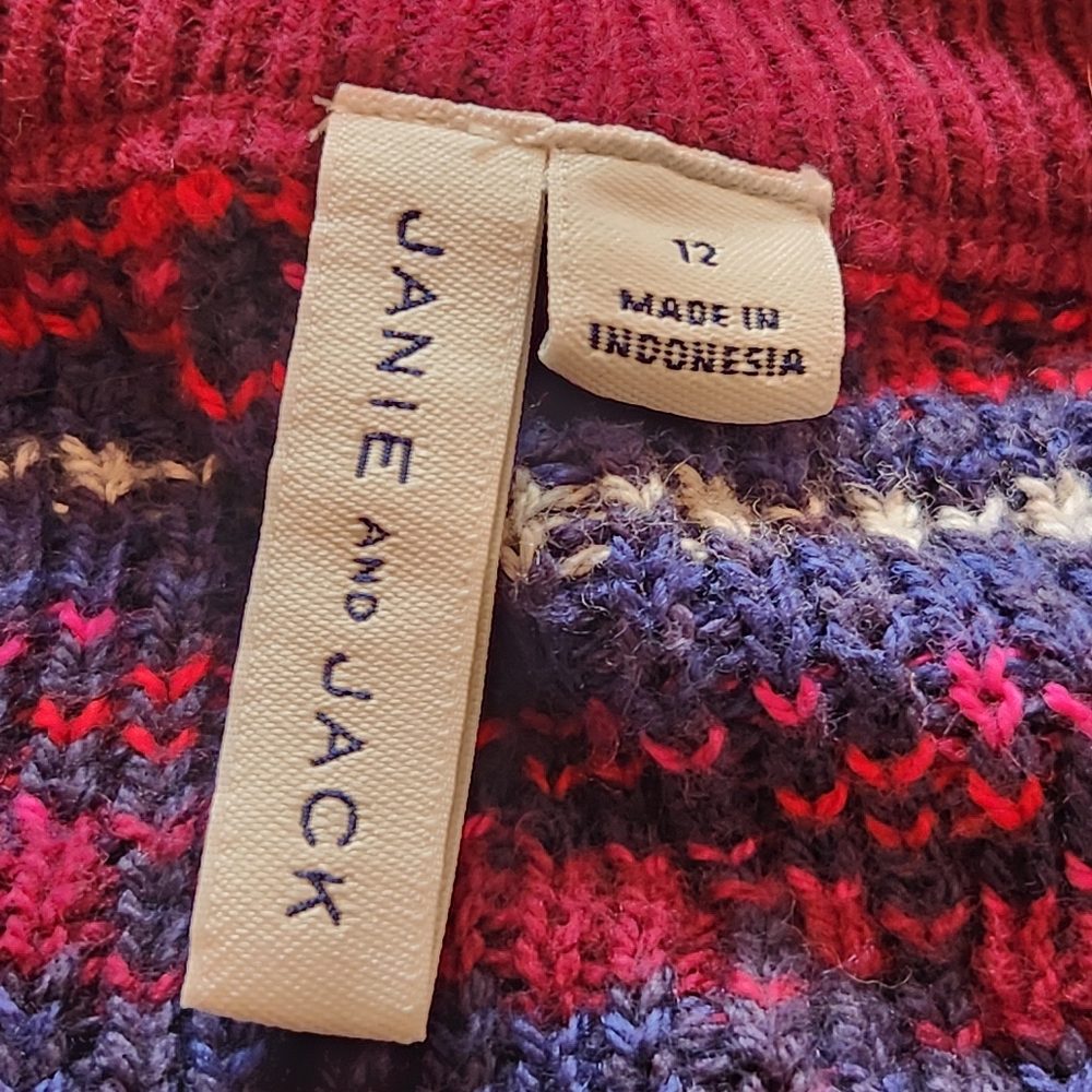 JANIE & JACK Kids Sweater Size 12 Red Blue Cotton Fair Isle V-Neck Long Sleeve - Picture 2 of 7